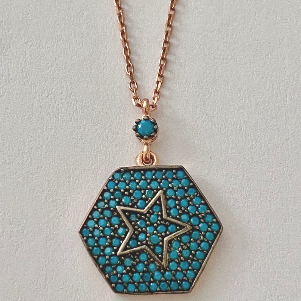 Hexagon star compass turquoise stones necklace